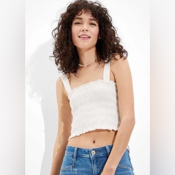 American Eagle Cropped Smocked Tank Top in White Size XS - Picture 1 of 10